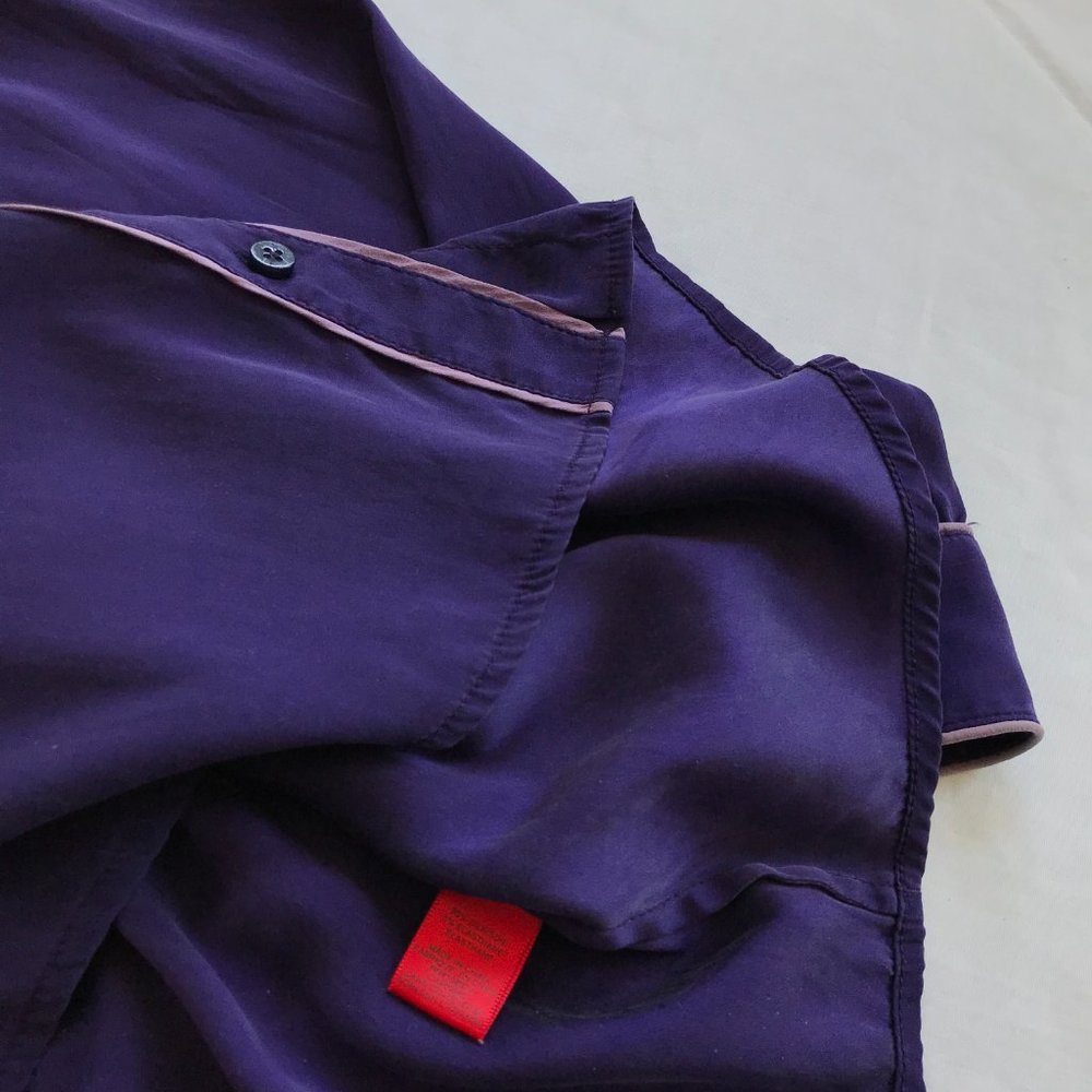 Y2K Vntg Zac Posen Z Spoke 10 Stretch Silk Purple Blouse Peter Pan Collar Piping - Picture 3 of 9